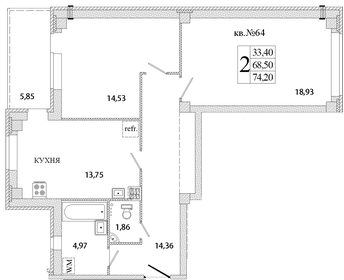 Квартира 74 м², 2-комнатная - изображение 1