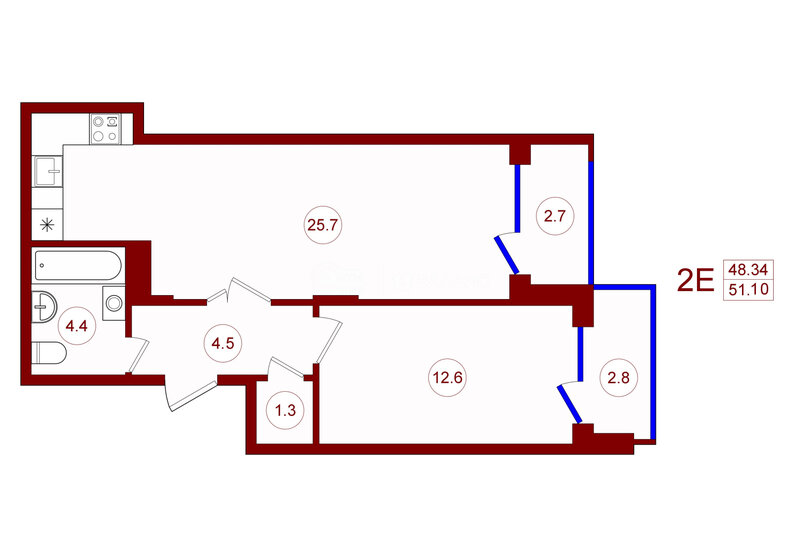 51,1 м², 2-комнатная квартира 4 190 200 ₽ - изображение 1