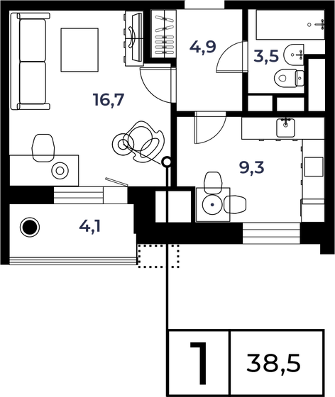 38,5 м², 1-комнатная квартира 21 776 820 ₽ - изображение 1