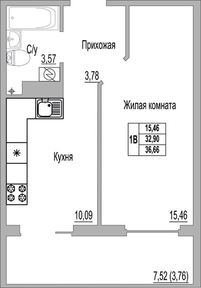 36,7 м², 1-комнатная квартира 2 896 140 ₽ - изображение 1