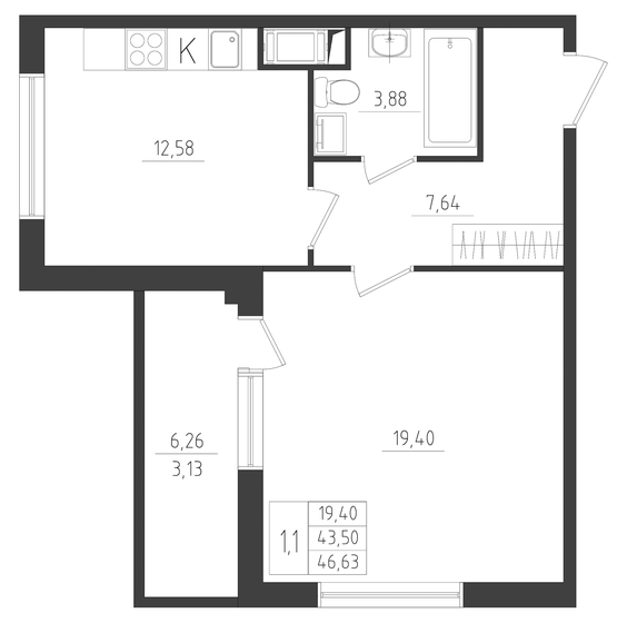 46,6 м², 1-комнатная квартира 7 763 895 ₽ - изображение 1