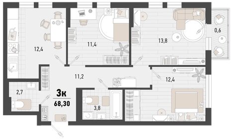 Квартира 68,3 м², 3-комнатная - изображение 1