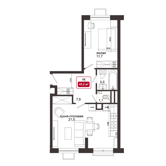 45,2 м², 1-комнатная квартира 9 738 000 ₽ - изображение 26