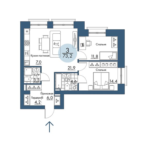 73,2 м², 3-комнатная квартира 12 663 600 ₽ - изображение 1