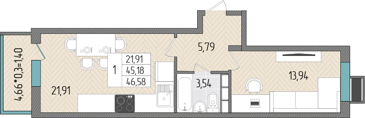 46,6 м², 1-комнатная квартира 5 636 180 ₽ - изображение 20