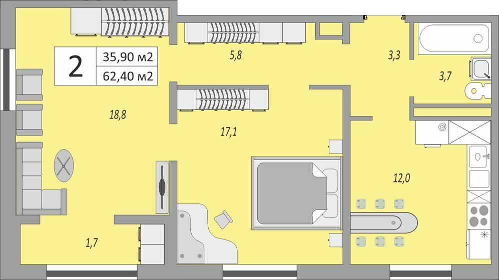 62,4 м², 2-комнатная квартира 4 144 608 ₽ - изображение 1