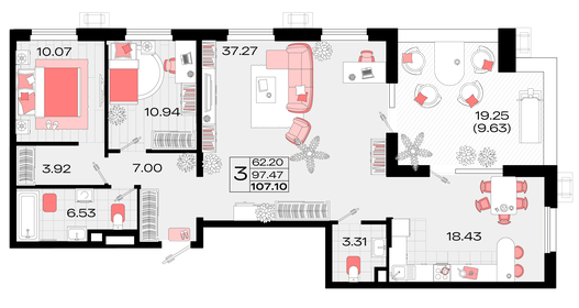 Квартира 107,1 м², 3-комнатная - изображение 1