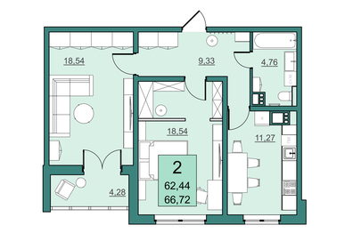 62,4 м², 2-комнатная квартира 5 307 400 ₽ - изображение 63