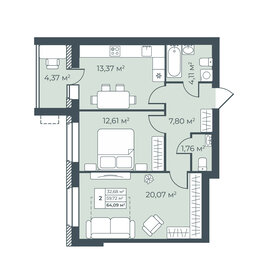 Квартира 64,1 м², 2-комнатная - изображение 1