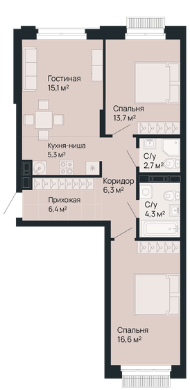 70,4 м², 2-комнатная квартира 16 874 880 ₽ - изображение 1