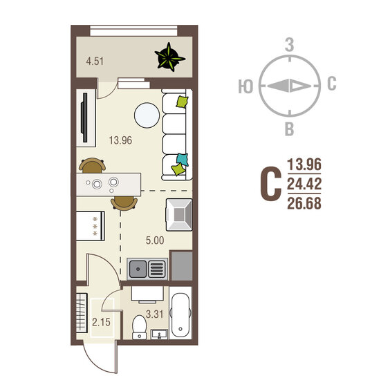 26,7 м², 1-комнатная квартира 2 934 800 ₽ - изображение 49