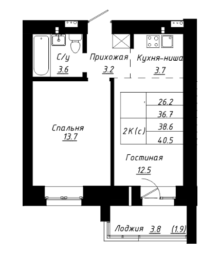40,5 м², 1-комнатная квартира 4 500 000 ₽ - изображение 1
