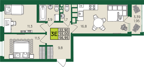 Квартира 57 м², 3-комнатная - изображение 1