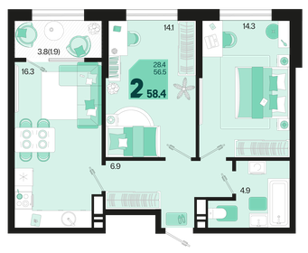 58,4 м², 2-комнатная квартира 6 867 840 ₽ - изображение 10