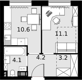 Квартира 33,2 м², 1-комнатные - изображение 1