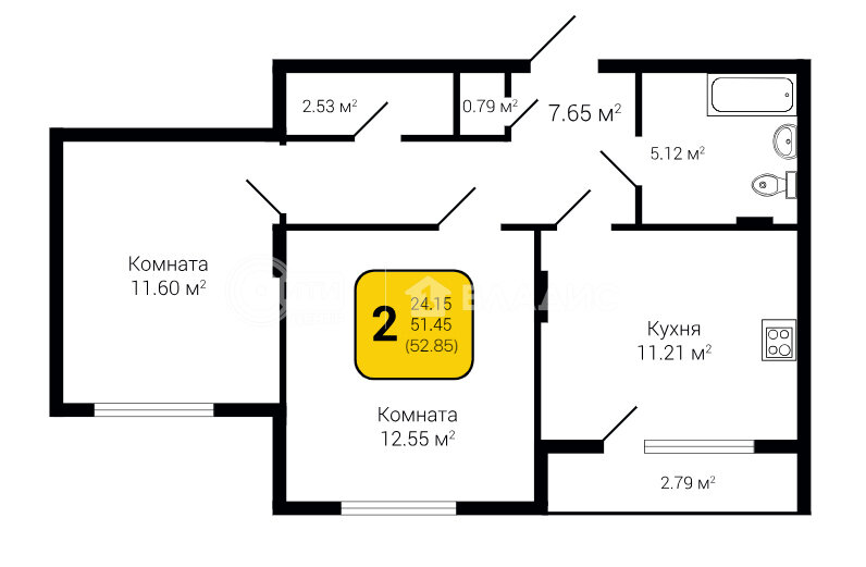 52,9 м², 2-комнатная квартира 5 549 250 ₽ - изображение 10