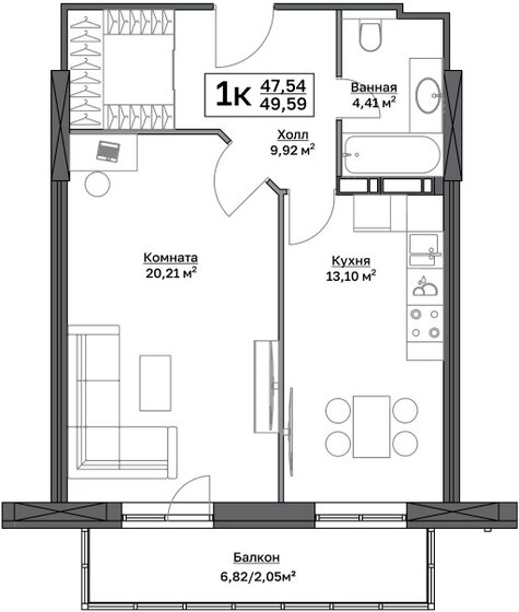 49,6 м², 1-комнатная квартира 6 236 084 ₽ - изображение 1