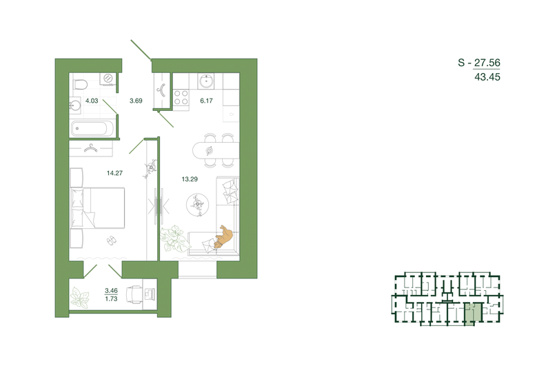 43,5 м², 1-комнатная квартира 4 388 450 ₽ - изображение 1