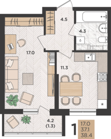 Квартира 38,4 м², 1-комнатная - изображение 1