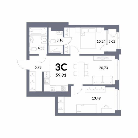 58,9 м², 3-комнатная квартира 11 500 000 ₽ - изображение 1