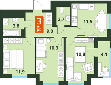 63,7 м², 3-комнатная квартира 6 350 000 ₽ - изображение 138