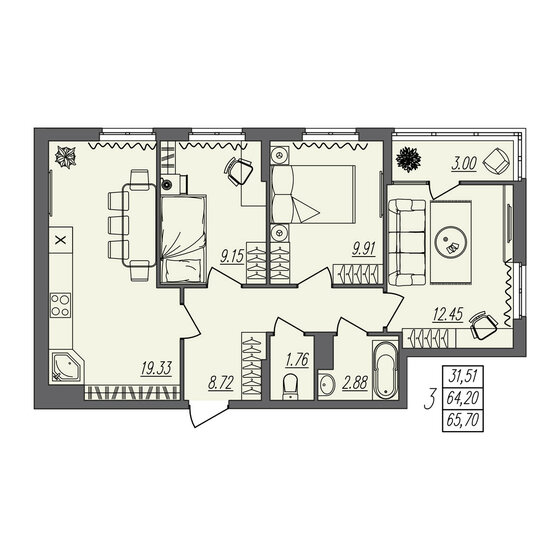 65,7 м², 3-комнатная квартира 6 438 600 ₽ - изображение 19