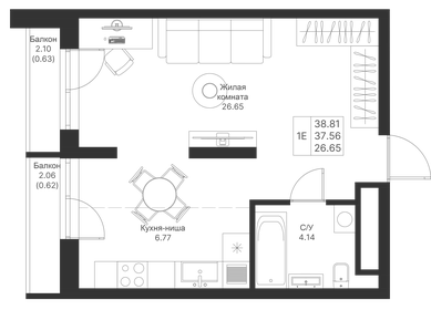 Квартира 38,8 м², студия - изображение 1