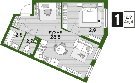 46,4 м², 1-комнатная квартира 6 565 600 ₽ - изображение 11