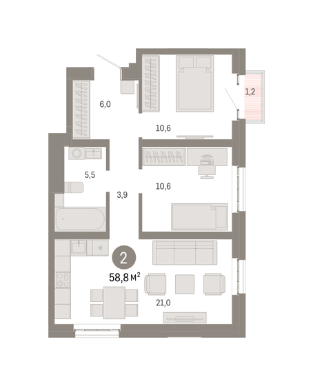 58,8 м², 2-комнатная квартира 19 970 000 ₽ - изображение 1