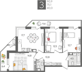 Квартира 90,9 м², 3-комнатная - изображение 2