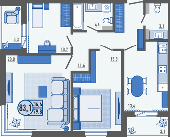 Квартира 83,1 м², 3-комнатная - изображение 1