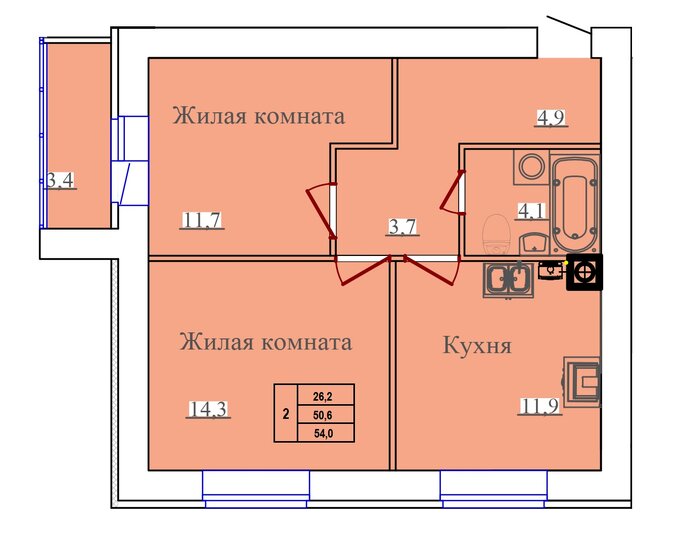 54 м², 2-комнатная квартира 4 968 000 ₽ - изображение 1