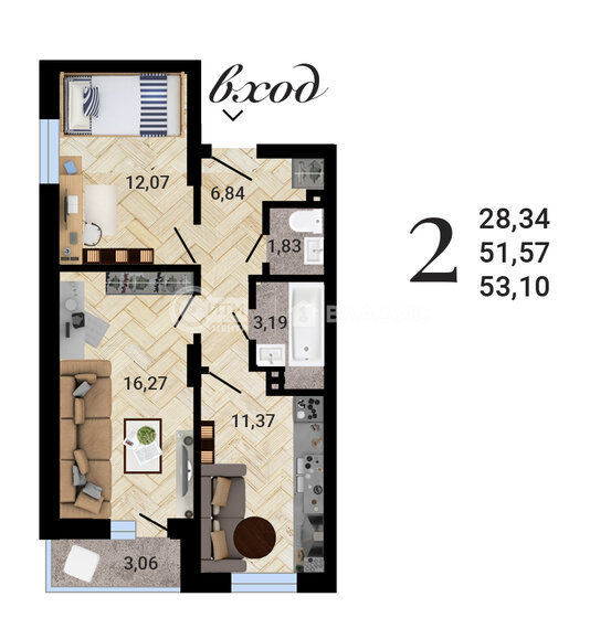 53,1 м², 2-комнатная квартира 4 991 000 ₽ - изображение 1