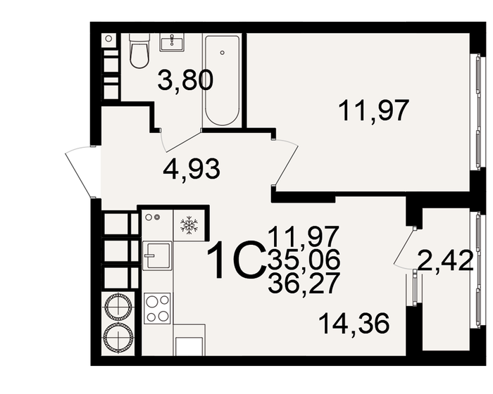 36,3 м², 1-комнатная квартира 3 717 675 ₽ - изображение 1