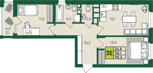 Квартира 58,2 м², 3-комнатная - изображение 1