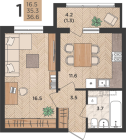 Квартира 36,6 м², 1-комнатная - изображение 1