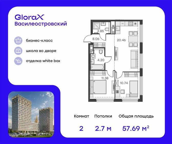57,7 м², 2-комнатная квартира 16 209 999 ₽ - изображение 1