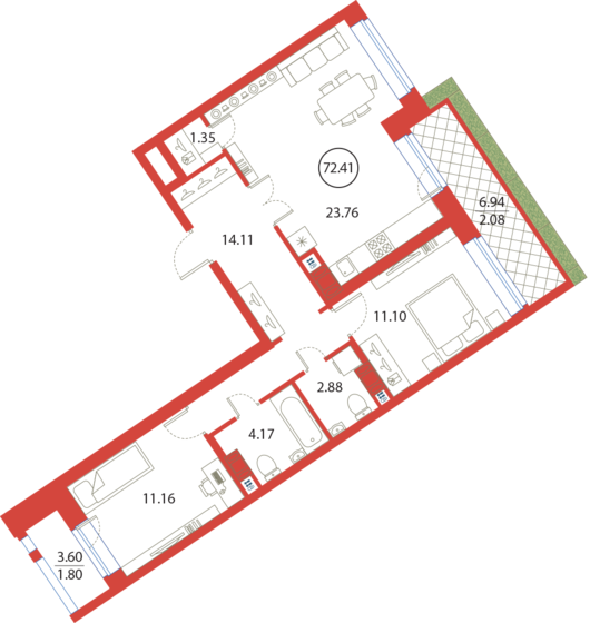 72,4 м², 2-комнатная квартира 19 648 454 ₽ - изображение 1