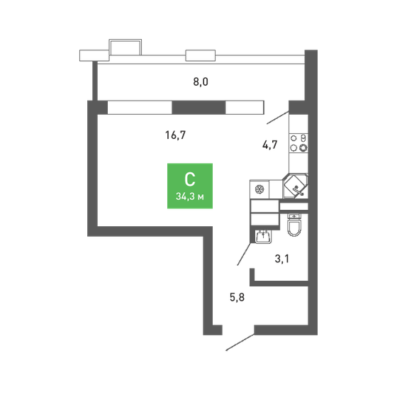 34,3 м², квартира-студия 4 259 299 ₽ - изображение 1