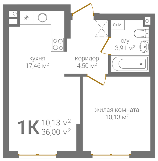 36 м², 1-комнатная квартира 9 468 000 ₽ - изображение 1