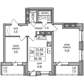 Квартира 52,9 м², 2-комнатная - изображение 1