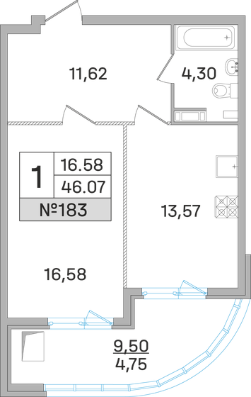46,1 м², 1-комнатная квартира 9 085 790 ₽ - изображение 1