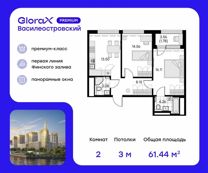 61,4 м², 2-комнатная квартира 17 460 000 ₽ - изображение 1
