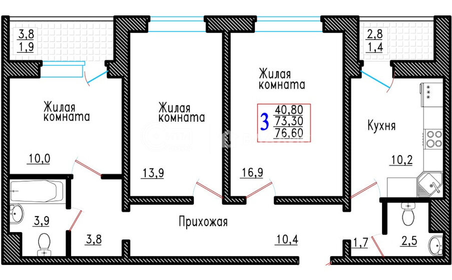 76,6 м², 3-комнатная квартира 5 718 400 ₽ - изображение 41