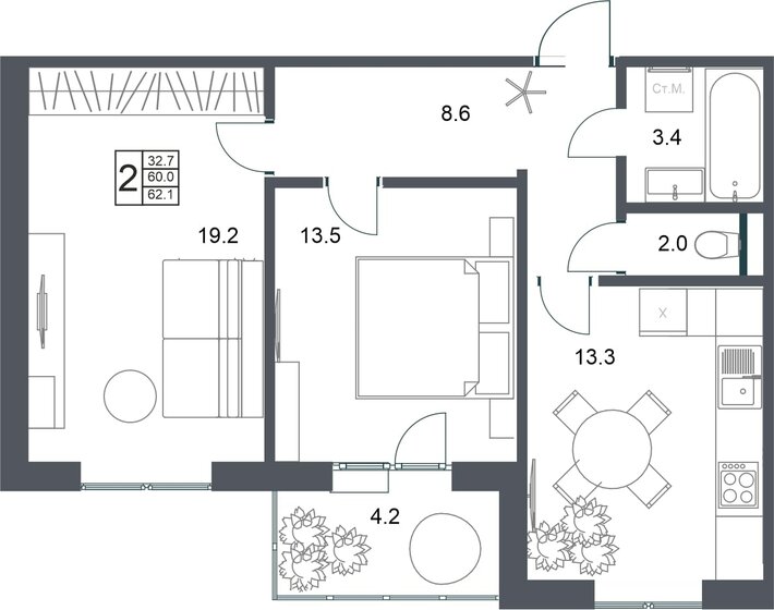 62,1 м², 2-комнатная квартира 6 241 050 ₽ - изображение 1