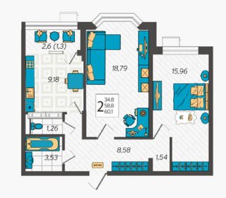 Квартира 60,1 м², 2-комнатная - изображение 1