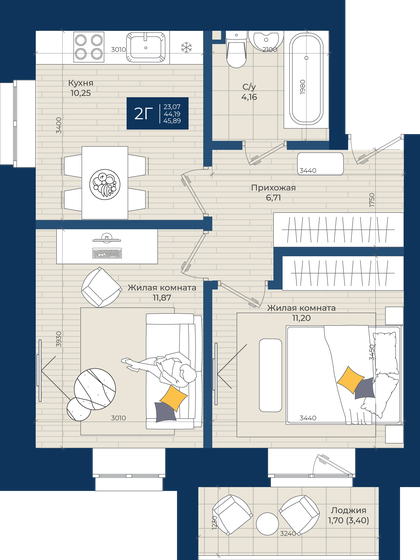 46,8 м², 2-комнатная квартира 5 943 600 ₽ - изображение 1