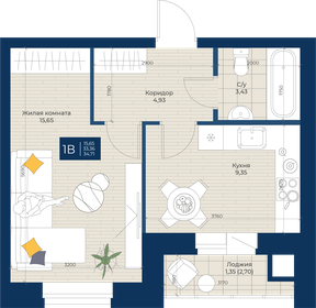 Квартира 34,7 м², 1-комнатная - изображение 1