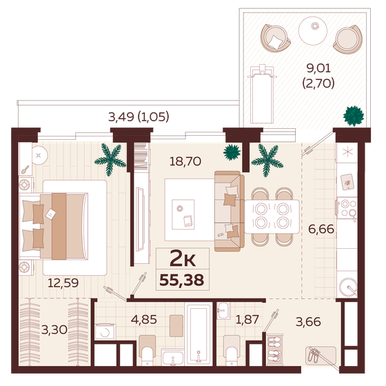 55,4 м², 2-комнатная квартира 25 100 000 ₽ - изображение 1