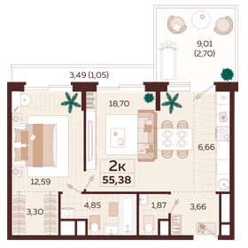 Квартира 55,4 м², 2-комнатная - изображение 1